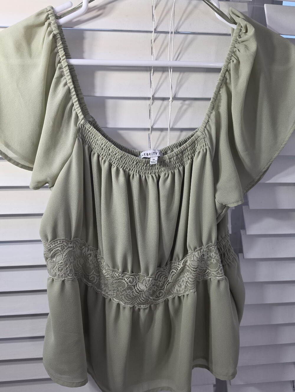 #2636, Celebrity Pink Women's XL Sage Green Lace Trim Flutter Sleeve Off Sholder